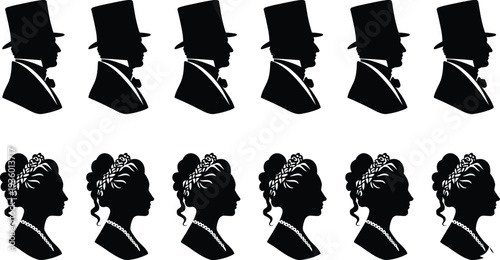 Victorian era man and woman profile silhouette set with top hat gentleman and elegant lady portraits isolated vector icons for vintage design