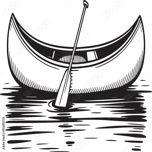 A monochrome illustration of a canoe with a paddle resting on the water surface in a simple design