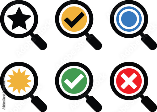 Magnifying glass icons with different symbols indicating verification, approval, and rejection Vector