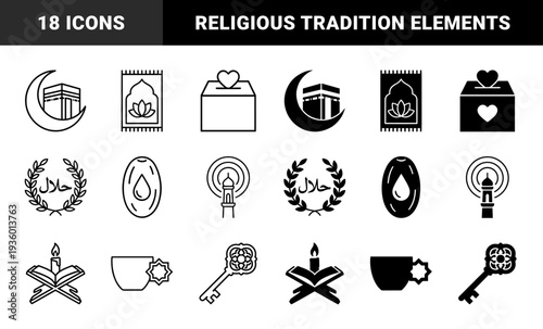 Islamic lifestyle hybrid icon set featuring crescent moon kaaba prayer mat zakat charity box halal certification and ramadan traditional elements