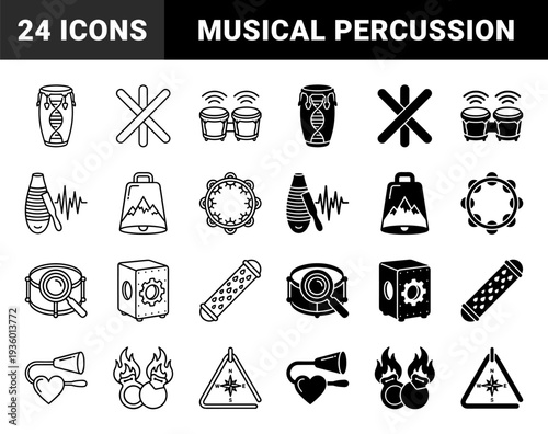 Percussion Instrument Hybrid Collection Featuring Musical Drums Merged with DNA Strands Mountain Cowbells Compass Triangles and Heart Shaped Horns