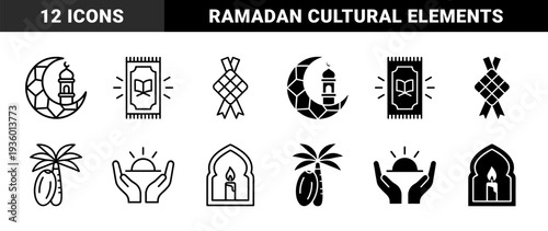 Islamic religious symbols featuring crescent moon with minaret prayer rug with holy book and ketupat diamond weave in outline and solid hybrid style