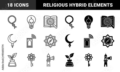 Islamic symbolic hybrid collection featuring religious concepts merged with modern elements like dna rosary lightbulb mosque and wifi prayer mat