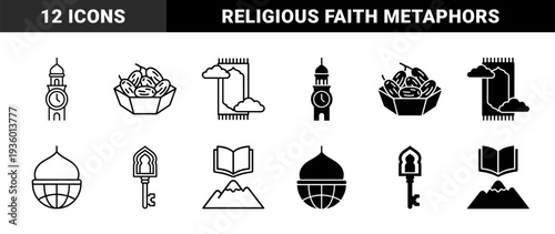Islamic religious symbols integrated with global and industrial metaphors featuring prayer rug with clouds mosque clock tower and quran over mountain