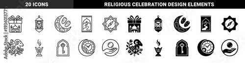 Islamic Cultural Symbols with Creative Hybrid Elements Featuring Mosque Gift Boxes Lantern Hourglasses and Ramadan Moon Dates in Linear and Solid Styles