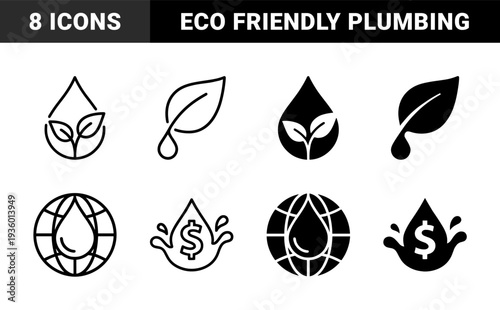 Ecological water conservation and plumbing repair symbols featuring hybrid droplet leaf globe currency and wrench shapes in outline and solid styles
