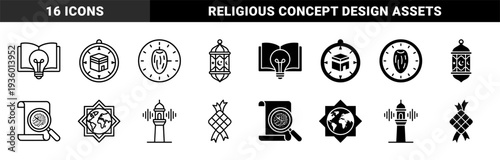 Islamic Religious Hybrid Icon Collection Combining Traditional Symbols With Modern Conceptual Elements Like Lightbulbs Magnifying Glasses And Clocks