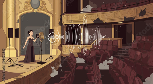 Elegant opera singer performing on stage with microphones.