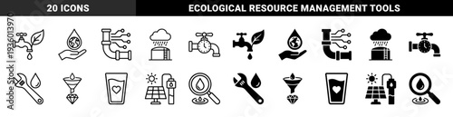 Sustainable water management and conservation hybrid icons featuring smart irrigation pipes rain harvesting tanks and filtration systems