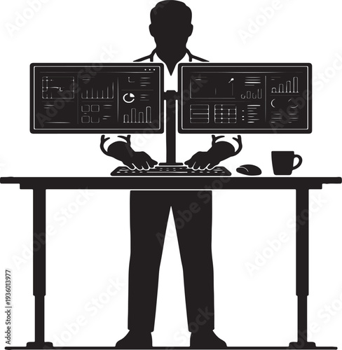 Businessman working diligently at dual monitor workstation