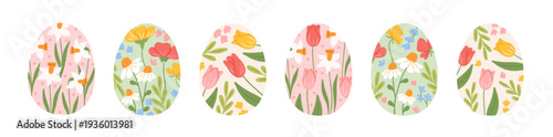 Happy Easter eggs with beautiful floral pattern. Easter eggs decorated spring hand drawn garden and meadow flowers, tulips, daffodil. Aesthetics spring holidays. Vector drawing illustration.