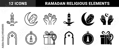Islamic religious symbols and Ramadan traditions featuring crescent moon with date fruit qibla compass prayer hands and mosque minaret lamp hybrids