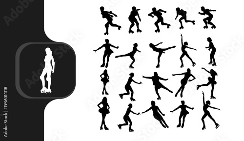 Collection of dynamic ice skating silhouettes in various poses