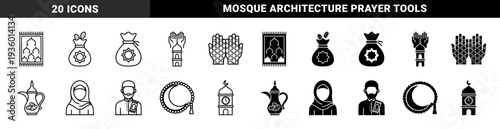 Islamic Ramadan religious symbol set featuring hybrid designs of mosque minarets merged with prayer hands and crescent moon integrated with tasbih beads