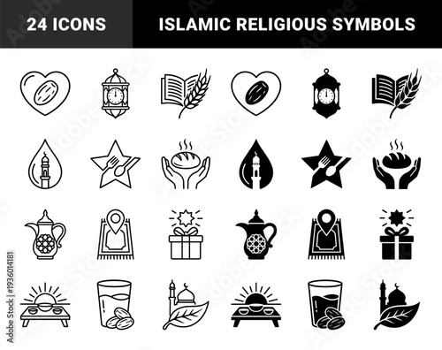 Islamic Ramadan symbols featuring hybrid designs of dates in hearts crescent moons with mosques and traditional lanterns in outline and solid styles