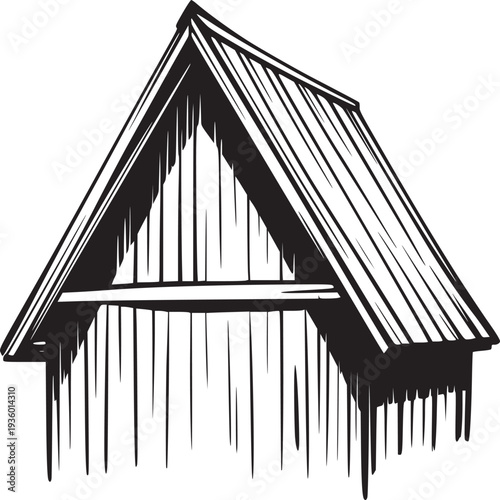 A black and white sketch of a building with a gabled roof and vertical siding in a simple style