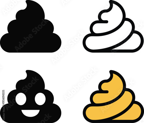 Four whimsical emoji-style representations of poop in various forms and colors Vector