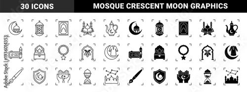 Islamic religious symbols featuring hybrid mosque crescent moon and lantern motifs in dual outline and solid black minimalist design style