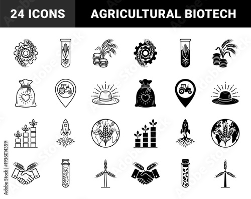 Sustainable agriculture and biotech hybrid icons featuring wheat stalks merged with gears laboratory test tubes rocket ships and renewable energy wind turbines