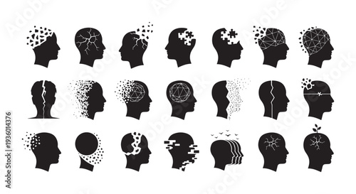 Mental Health and Cognitive Decline Concept Icons Showing Brain Fragmentation, Memory Loss and Recovery