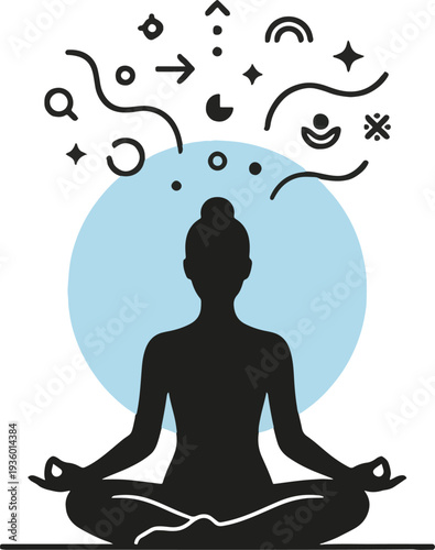 Serene woman meditating with creative thoughts and symbols floating above her
