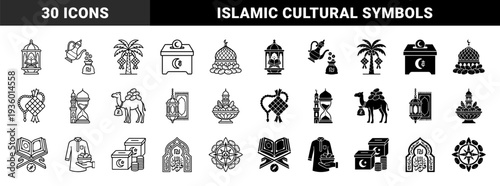 Islamic heritage and ramadan traditions featuring hybrid symbols of mosque architecture combined with dates prayer beads and charitable donation boxes