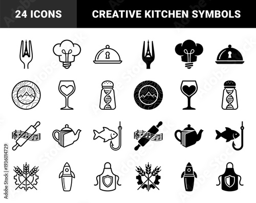 Abstract culinary hybrid symbols featuring unique combinations of kitchen tools merged with travel science and nature elements in outline and solid styles