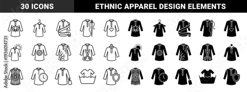 Traditional Kurta and Panjabi Icons Featuring Hybrid Tailoring Symbols Like Measuring Tape Scissors Needle Thread and Floral Mandala Embroidery Details