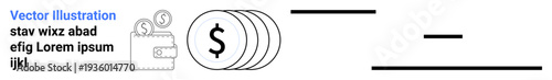 Financial planning, budgeting, digital payments, money management, savings, accounting. Wallet icon next to coins with dollar signs. Finance and budgeting visualization
