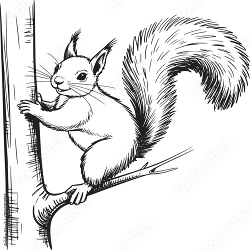 A detailed black and white sketch of a squirrel climbing a tree branch with a bushy tail curled up high