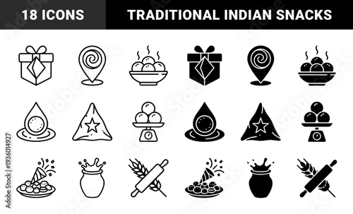 Traditional South Asian confectionery and festive snack symbols featuring gulab jamun in bowls samosa with star motif and wheat grain rolling pin hybrid designs
