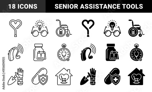 Geriatric Care and Assisted Living Hybrid Icons Merging Medical Equipment with Lifestyle Symbols like Hearts Lightbulbs and Home Shapes