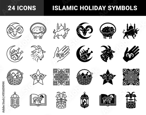 Black and white religious hybrid symbols featuring ram moon combinations sheep with prayer beads and mosque architecture for islamic festival celebration