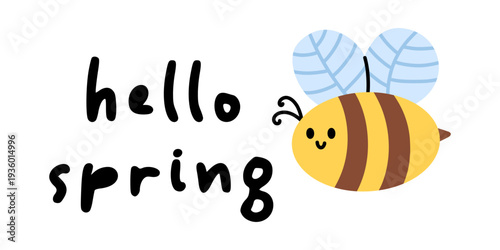 Vector hello spring greeting card with cute smiling bumblebee and lettering. Playful seasonal insect illustration for kids poster, social media, banner, invitation and eco branding.
