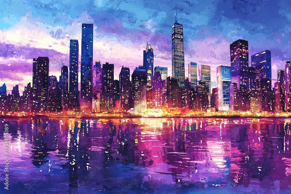 Fototapeta premium Vibrant Neon City Skyline at Sunset