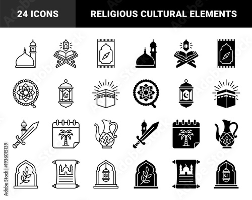 Islamic heritage symbol collection featuring hybrid designs of mosque architecture quran scripture and ramadan lanterns in outline and solid styles