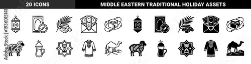 Islamic heritage and ramadan traditions featuring hybrid symbols combining prayer rugs with compasses dates with palm leaves and ornate ceremonial sheep