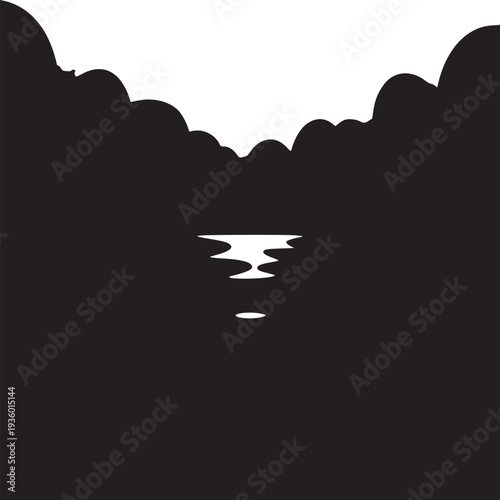 Monochromatic landscape with layered hills and water reflections under a bright sky illustration