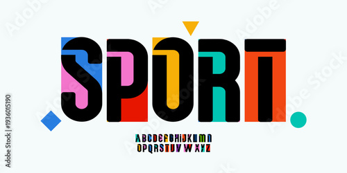 Sport Color Geometric Shape Font Logo Alphabet Letter Set Typography, Bright Colorful Creative Typographic Design, Urban Innovate Title Text Headline Logotype. Block Cutout Fonts. Vector Typeface