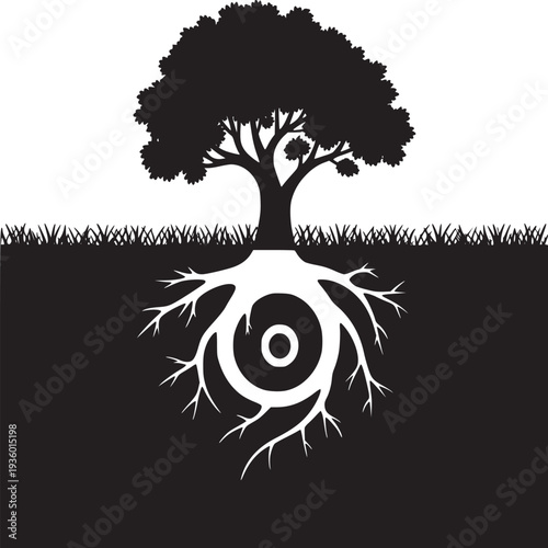A black and white illustration of a tree with a circular root system and grass on the ground plane