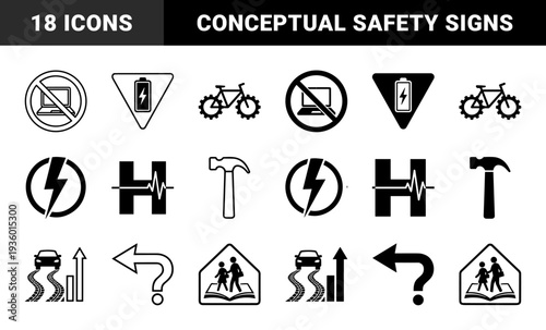 Hybrid traffic and safety symbol collection featuring integrated conceptual metaphors for education transport health and industrial warning signs
