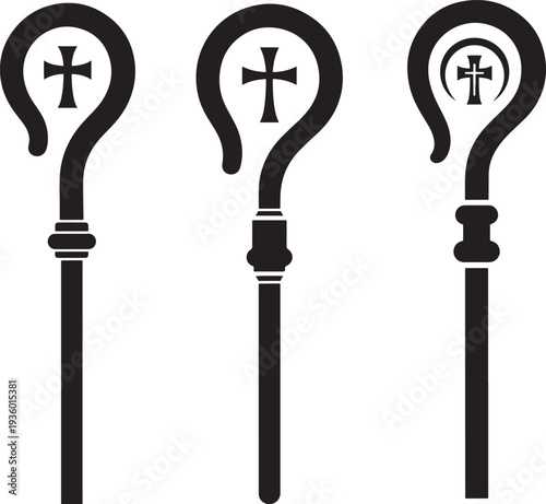 Three Black Silhouette Bishop's Croziers, symbolizing religious authority and leadership in Christianity.