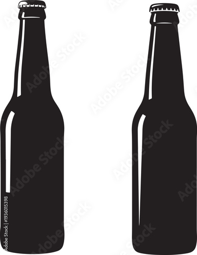 Two black silhouette glass bottles of beer or soda, ready for beverage advertising and design.
