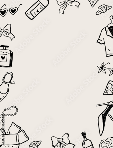 Minimalist Hand Drawn Fashion and Lifestyle Doodle Frame Border with Copy Space