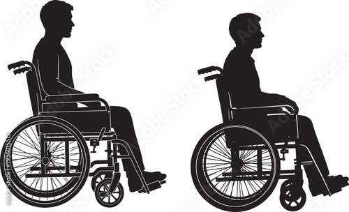 Man in wheelchair silhouettes, showcasing mobility and independence for people with disabilities in different poses.