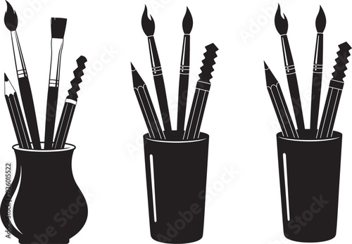 Art supply set: pencils and paintbrushes in vases and cups, symbolizing creativity, art classes, and artistic endeavors.