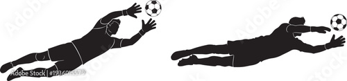 Goalkeeper diving to save goal silhouettes, dynamic action shots of football players making saves.