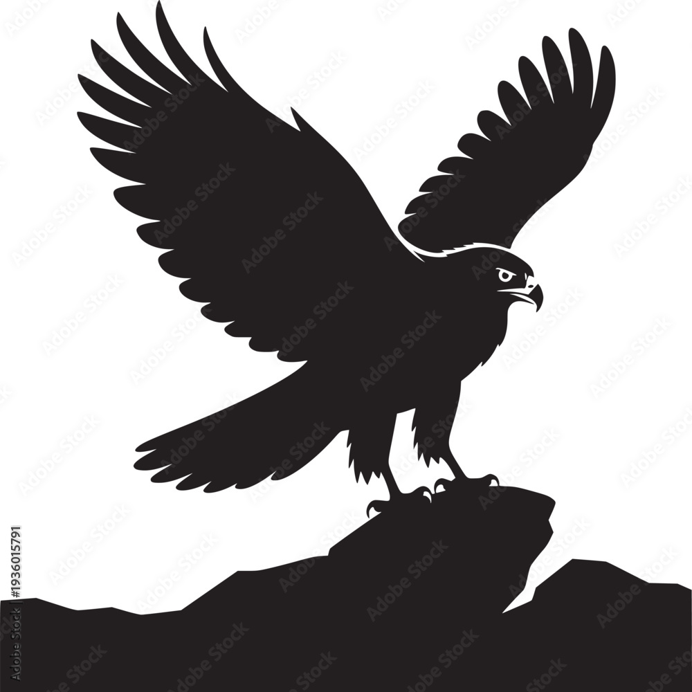 Fototapeta premium Silhouette of an eagle perched on a rock with its wings partially spread against a white background