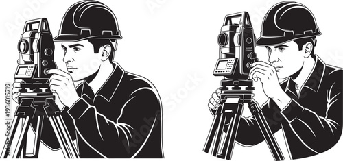 Surveyor with Theodolite on Tripod, Engineering and Construction Measurement Illustration