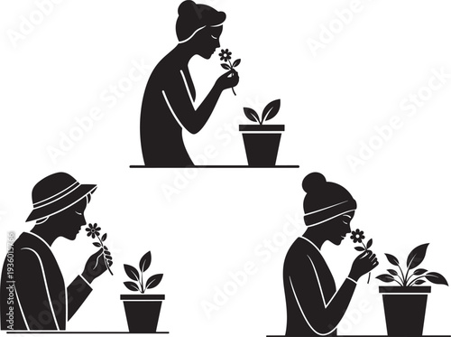 People enjoying nature, smelling flowers from potted plants, silhouette set of three. Gardening, relaxation, and sensory experience.